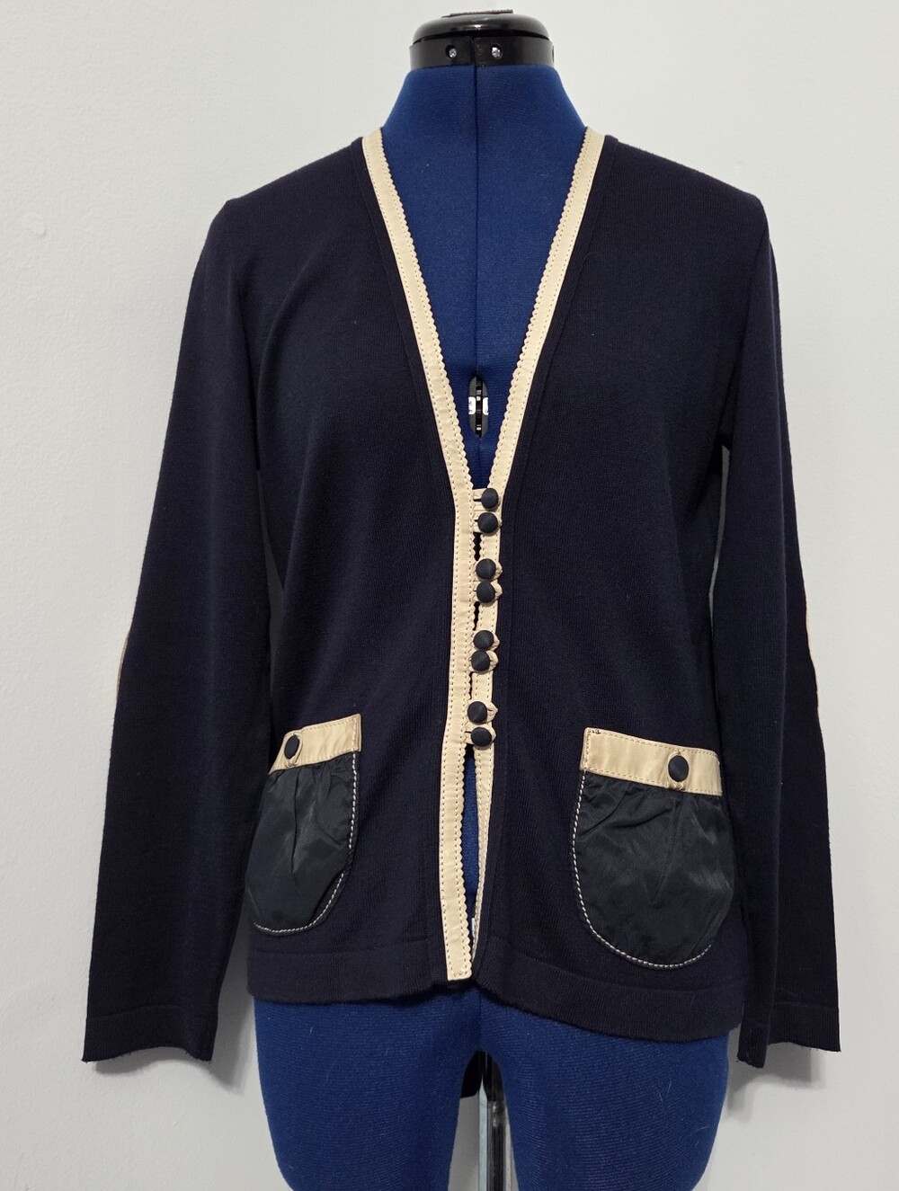 Navy Blue Cardigan with Leather Accents Size 38